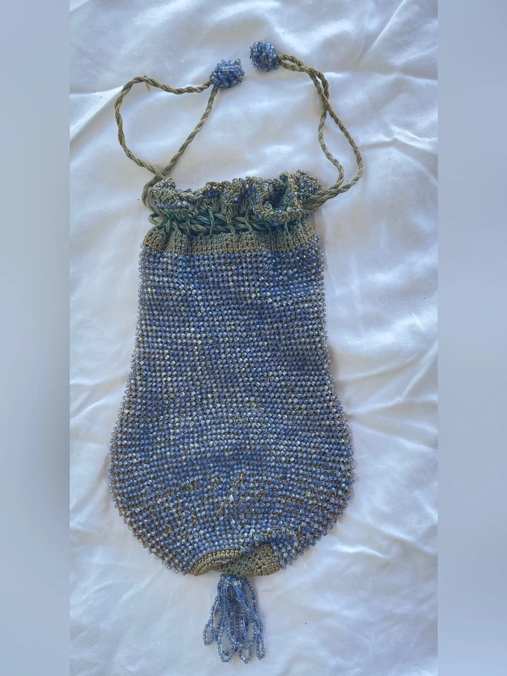 Antique Early 1900s Hand Beaded Crochet Reticule Purse Silk Lined